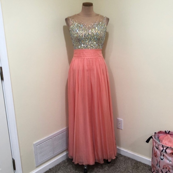 May Queen Prom Dress Size 2 Coral Pink Aurora Borealis Rhinestone Gown - Picture 2 of 9